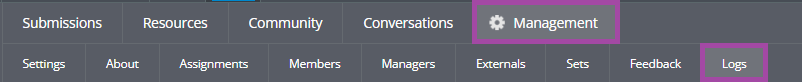 Screenshot of clicking on the ‘Management’ (highlighted) and then on the ‘Logs’ (highlighted) menus in the navigation bar of a PebblePad (ATLAS) workspace.