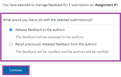 Screenshot of the listed options (highlighted) within the process of releasing the feedback to the students in a PebblePad (ATLAS) workspace.