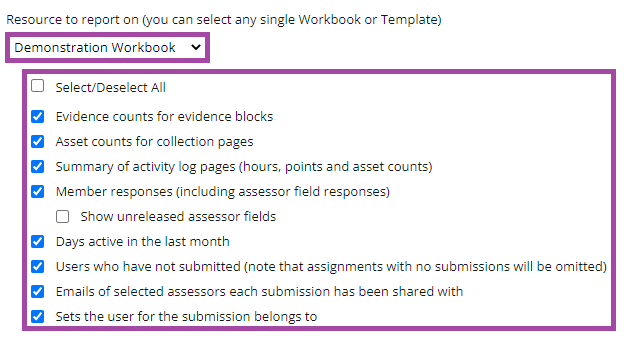 Screenshot of the selectable options (highlighted) in terms of exporting the student submissions from a PebblePad (ATLAS) workspace.