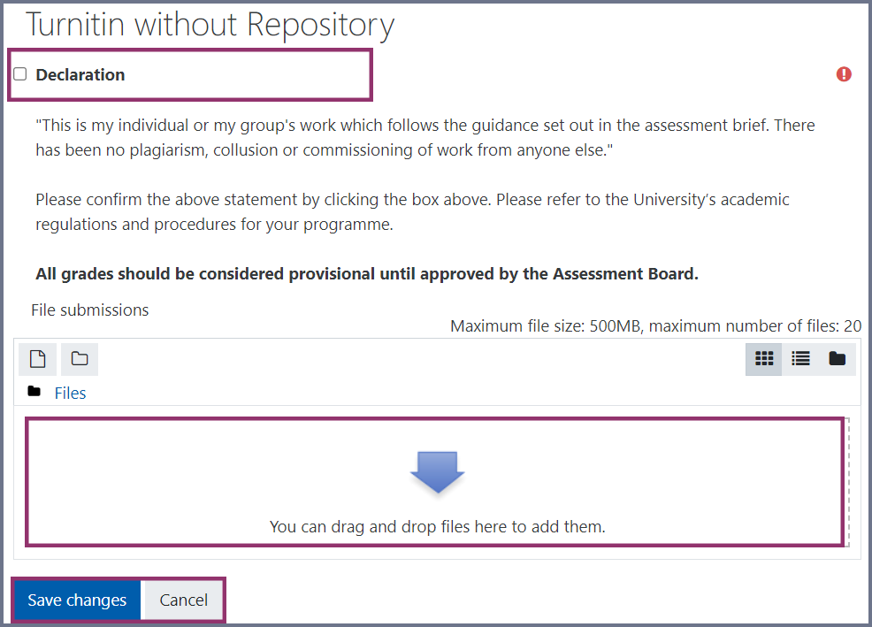 Screenshot of ticking the ‘Declaration’ section (highlighted) and uploading a file (highlighted) to the Turnitin testing course.