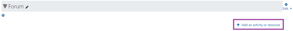 Screenshot of clicking on the ‘Add an activity or resource’ button (highlighted) in a DLE course.