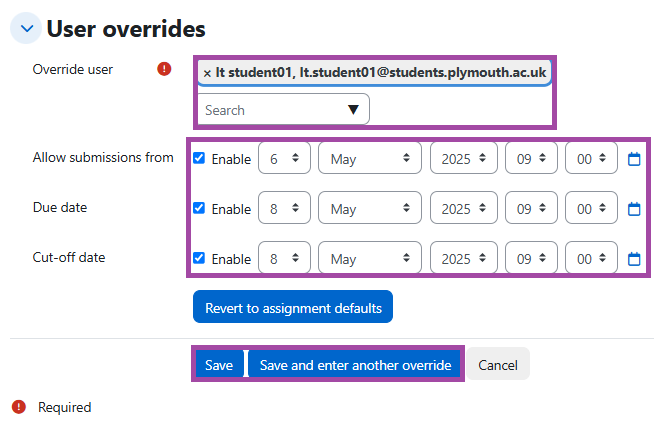 Screenshot of the settings (highlighted) for giving personalised time window for students under a submission point.