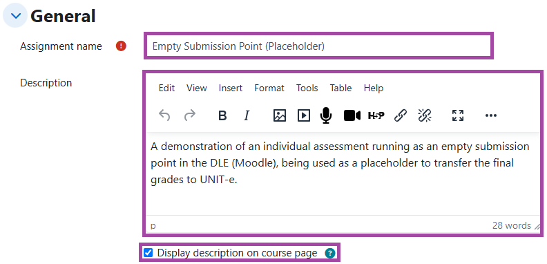 Screenshot of the ‘General’ section (highlighted) within the settings of a submission point.