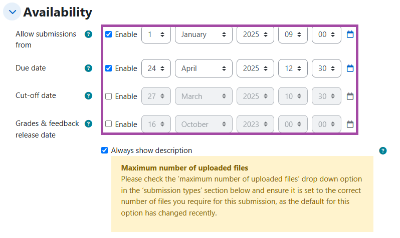 Screenshot of the ‘Availability’ section (highlighted) within the settings of a submission point.