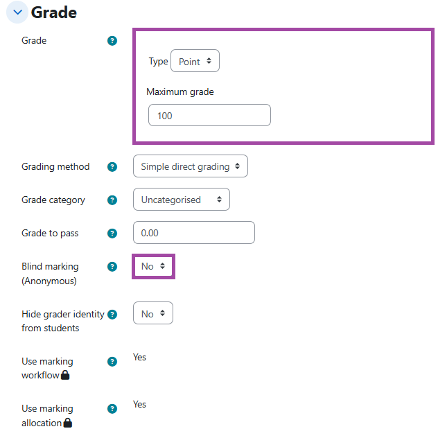 Screenshot of the ‘Grade’ section (highlighted) within the settings of a submission point.