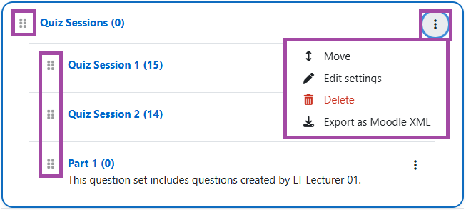 Screenshot of a category list and its available actions within a Question bank (highlighted).