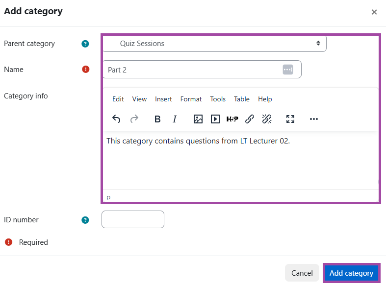 Screenshot of the settings for creating a new category (highlighted) within a Question bank.