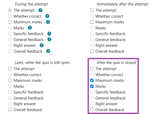 Screenshot of the listed options (the last column highlighted) under the ‘Review options’ section in the setting of a DLE ‘Quiz’ activity.