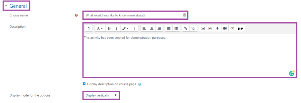 Screenshot of the display of the settings (highlighted) under the ‘General’ section (highlighted) of a ‘Choice’ tool in a DLE course.