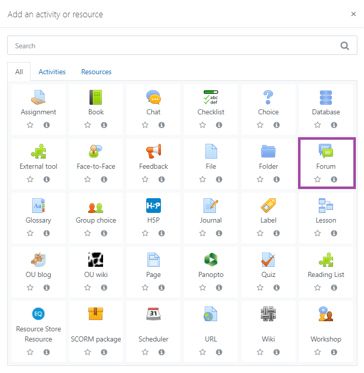 Screenshot of selecting the ‘Forum’ activity (highlighted) in the activity picker in a DLE course.