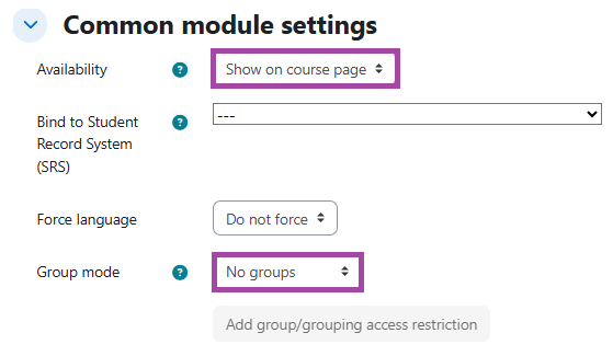 Screenshot of the 'Common module settings' section settings (highlighted), within a 'Forum' activity.