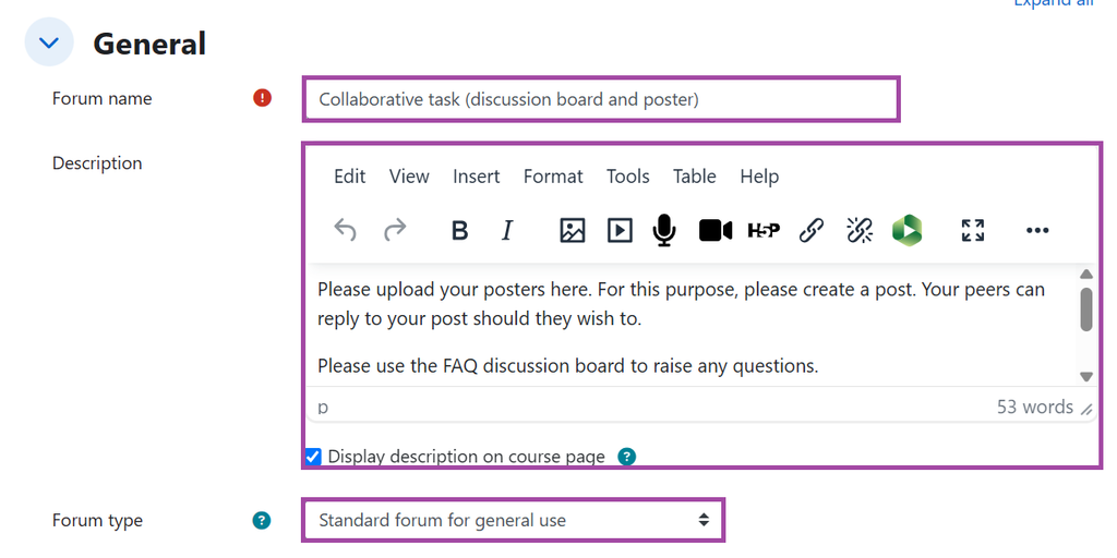 Screenshot of the 'General' section settings (highlighted), within a 'Forum' activity.