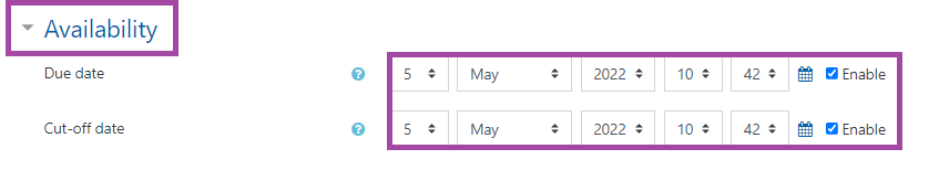 Screenshot of the display of the ‘Due’ (highlighted) and ‘Cut-off date’ (highlighted) fields under the ‘Availability’ section (highlighted) in the settings of a Moodle ‘Forum’ activity.