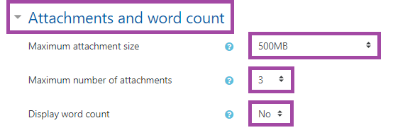 Screenshot of the display of the word count (highlighted), the attachment size (highlighted), and attachment number (highlighted) fields under the ‘Attachment and word count’ section (highlighted) in the settings of a Moodle ‘Forum’ activity.