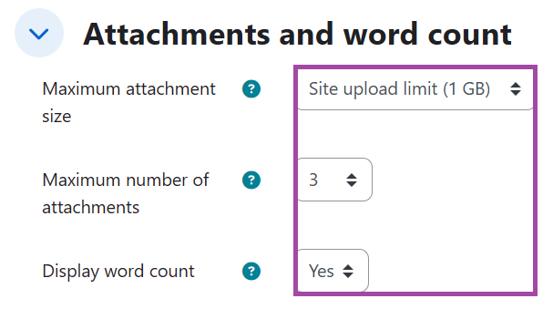 Screenshot of the 'Attachments and word count' section settings (highlighted), within a 'Forum' activity.