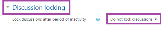 Screenshot of the display of the locking feature (highlighted) under the ‘Discussion locking’ section (highlighted) in the settings of a Moodle ‘Forum’ activity.