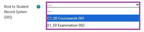 Screenshot of the ‘Bind to Student Record System (SRS)’ setting (highlighted) under the ‘Common module settings’ section in the settings of a DLE ‘Quiz’ activity.