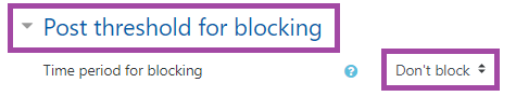 Screenshot of the display of the blocking feature (highlighted) under the ‘Post threshold for blocking’ section (highlighted) in the settings of a Moodle ‘Forum’ activity.