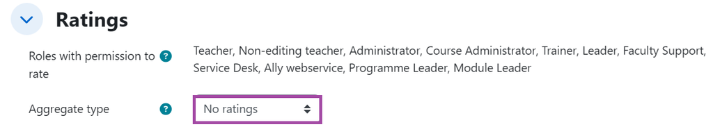 Screenshot of the 'Rating' section settings (highlighted), within a 'Forum' activity.