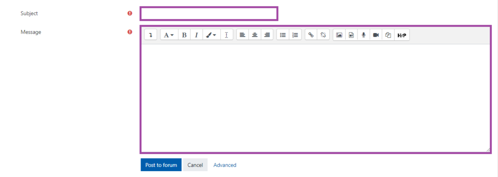 Screenshot of the display of the ‘Subject’ (highlighted) and ‘Message’ (highlighted) fields under a Moodle ‘Forum’ activity.