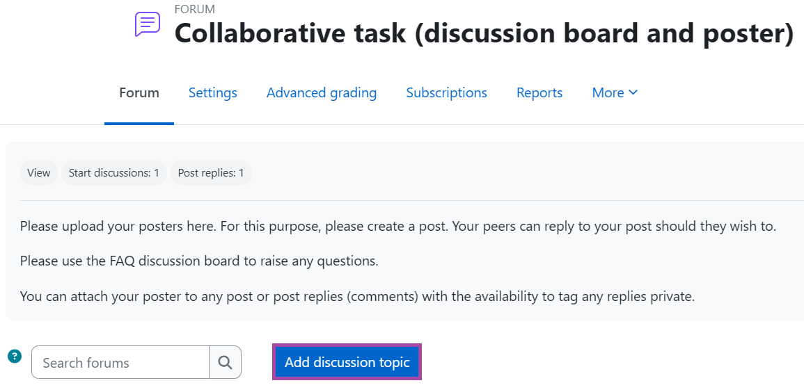 Screenshot of the ‘Add discussion topic’ button (highlighted) under a ‘Forum’ activity.