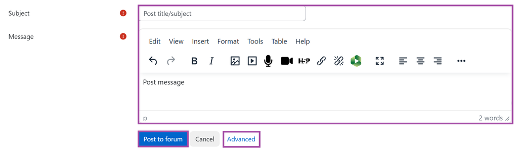 Screenshot of the post fields (highlighted) in ‘Forum’ activity.