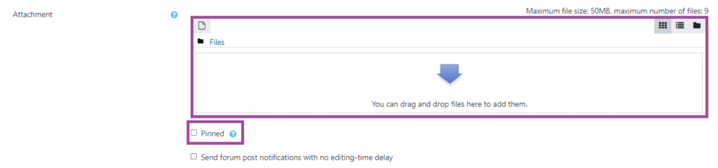 Screenshot of the display of the ‘Attachment’ (highlighted) and ‘Pinned’ (highlighted) fields under a Moodle ‘Forum’ activity.