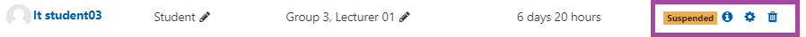Screenshot of the display of the ‘Suspended’ status (highlighted) next to a student under the ‘Participants’ menu within a DLE course.