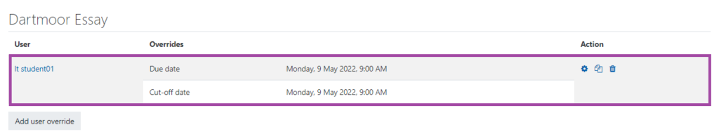 Screenshot of the display of the ‘User overrides’ dashboard (highlighted) under an ‘Assignment’ activity in a DLE course.