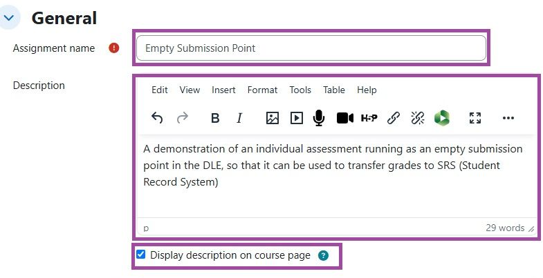 Screenshot of the ‘General’ section (highlighted) within the settings of a submission point.