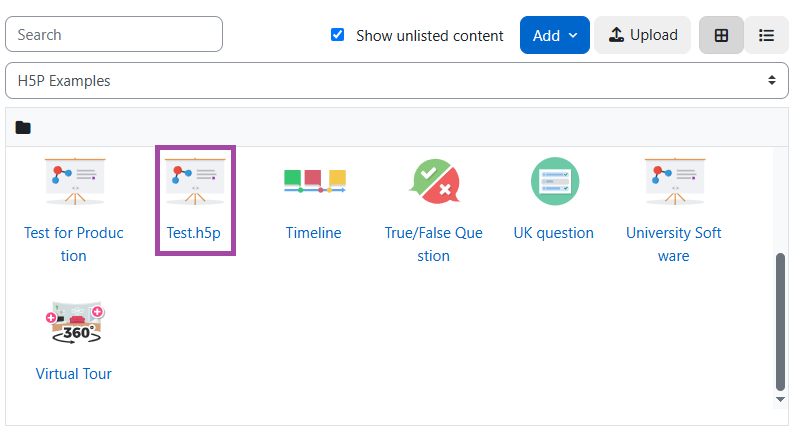 Screenshot of selecting an H5P object (highlighted) within the Content bank.