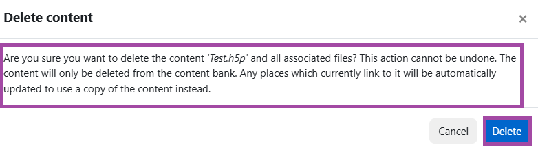 Screenshot of the confirmation message (highlighted) when an H5P object is about to get deleted from the Content bank.