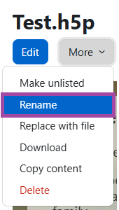 Screenshot of the display of the 'More' drop-down list (highlighted) in an H5P object.