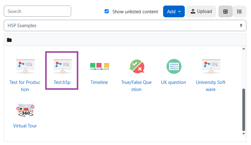 Screenshot of selecting an H5P object (highlighted) within the Content bank.