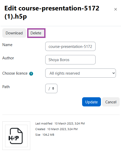 Screenshot of the ‘Delete’ button (highlighted) within the settings of an ‘H5P’ activity.