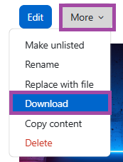 Screenshot of the ‘More’ menu (highlighted) within an H5P object in the Content bank.