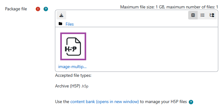 Screenshot of the H5P icon (highlighted) within the settings of an H5P activity.