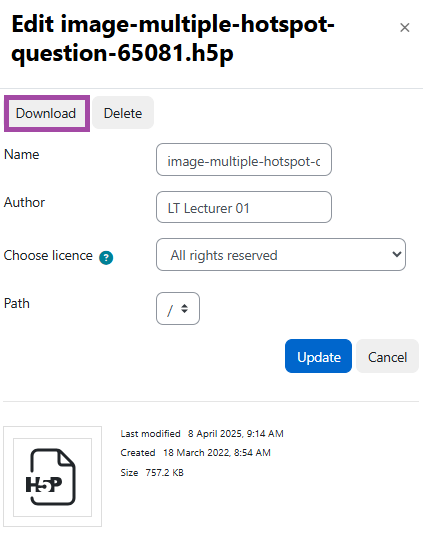 Screenshot of the ‘Download’ button (highlighted) for an H5P object within the settings of an H5P activity.