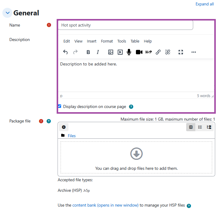 Screenshot of the ‘General’ settings (highlighted) within an ‘H5P’ activity.
