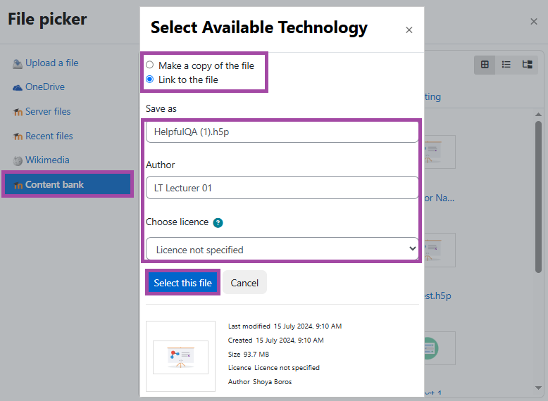 Screenshot of selecting an H5P file from the Content bank (highlighted).