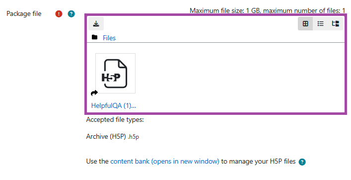 Screenshot of the ‘Package file’ setting (highlighted) once an H5P object is selected.