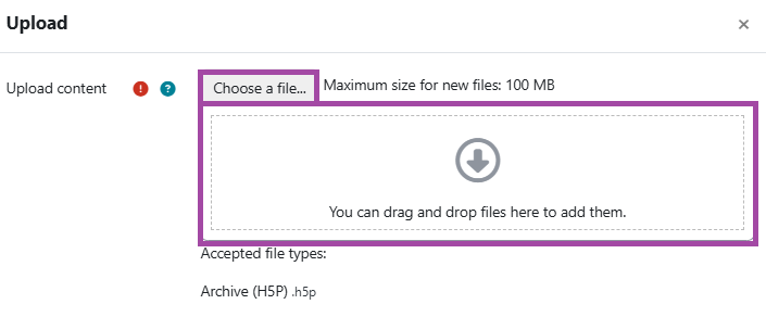 Screenshot of the ‘Choose a file’ button and file box (highlighted) within the DLE.