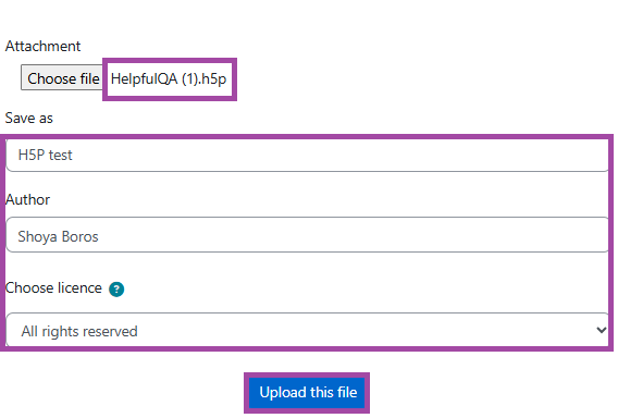 Screenshot of the metadata of an H5P file and the ‘Upload this file’ button (highlighted).