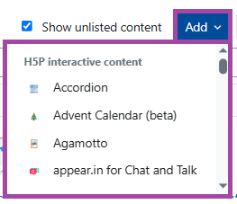 Screenshot of the content type list (highlighted) within the ‘Add’ button.