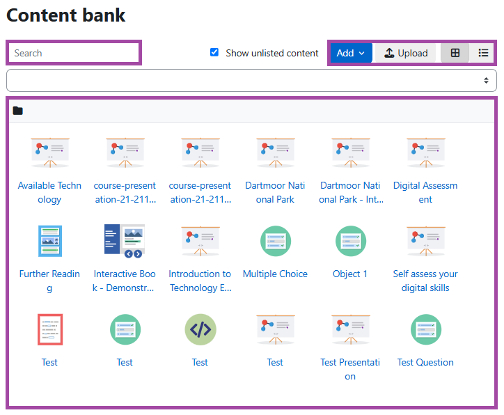 Screenshot of the ‘Content bank’ layout (highlighted) of a DLE course.