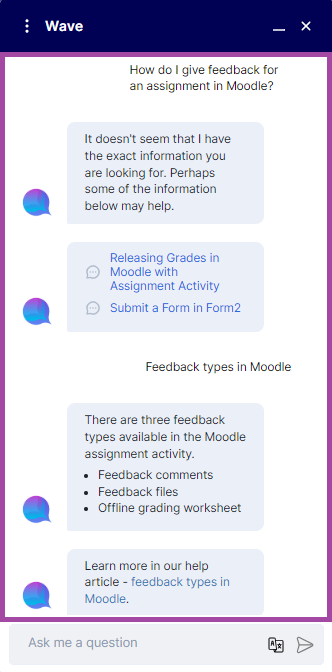 Screenshot of the display of asking multiple questions (highlighted) in the Wave Chatbot.