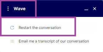 Screenshot of the display of the three dots (highlighted) and of the drop-down list (highlighted) under it in the Wave Chatbot.