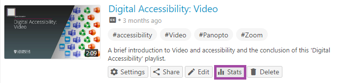Screenshot of the display of the ‘Stats’ button (highlighted) under a Panopto recording.