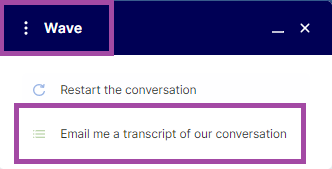 Screenshot of the display of the three dots (highlighted) and of the drop-down list (highlighted) under it in the Wave Chatbot.