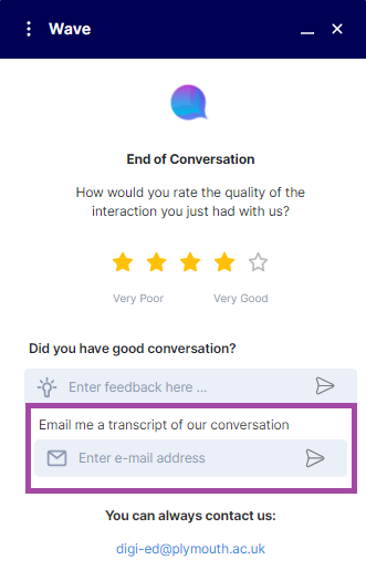 Screenshot of the display of the field (highlighted) to receive the transcript via email in the Wave Chatbot.